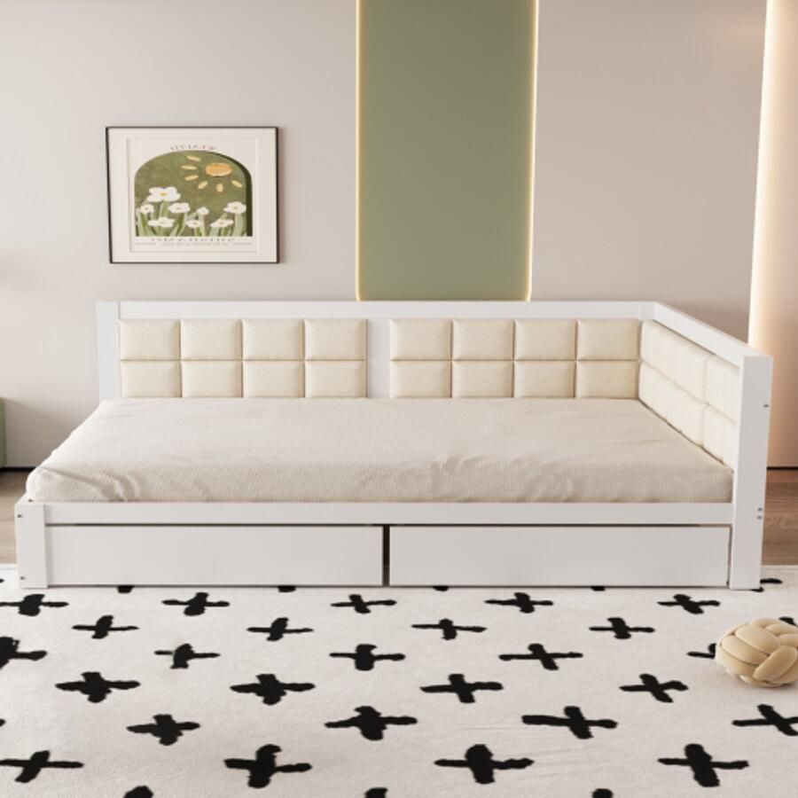 Merlooks Eenpersoonsbed grenen 140x200 multifunctioneel bed zachte rugleuning grote opbergladen lattenbodem witte kleur