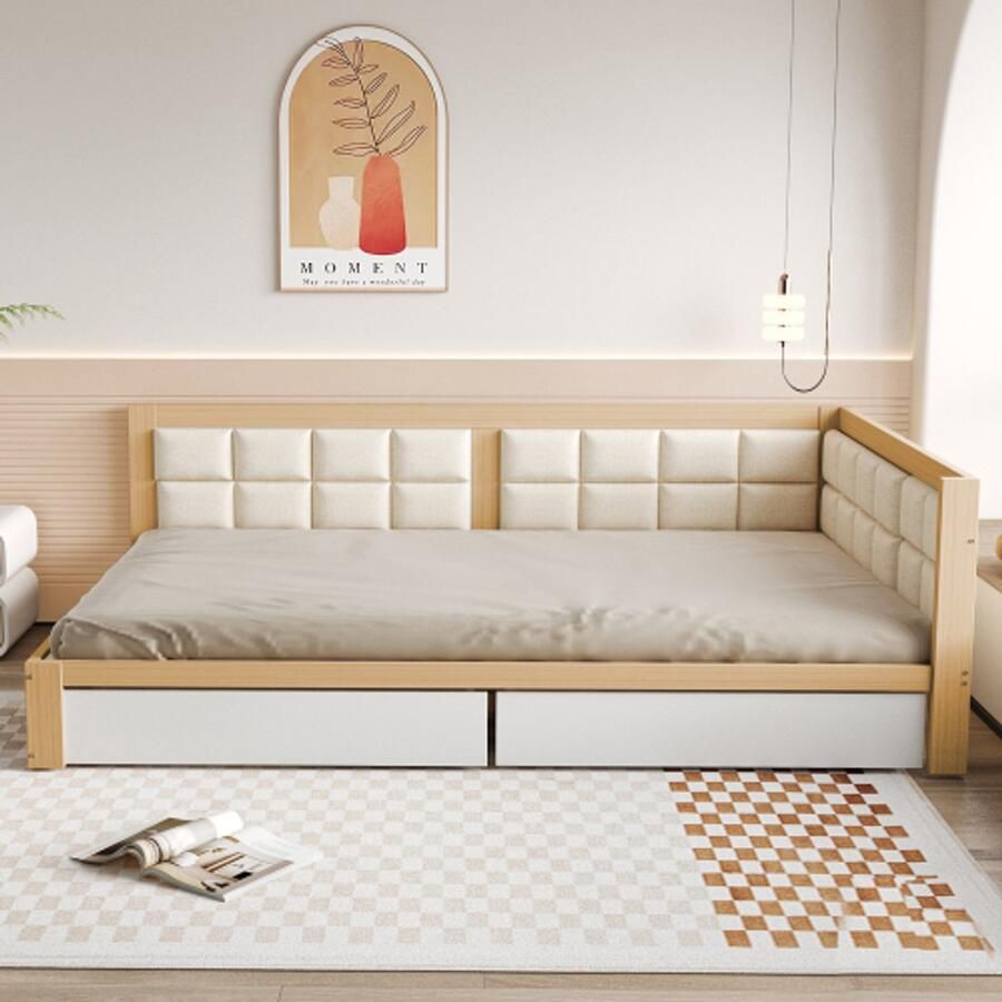 Merlooks Eenpersoonsbed grenen 140x200 multifunctioneel bed zachte rugleuning grote opbergladen lattenbodem houtkleur