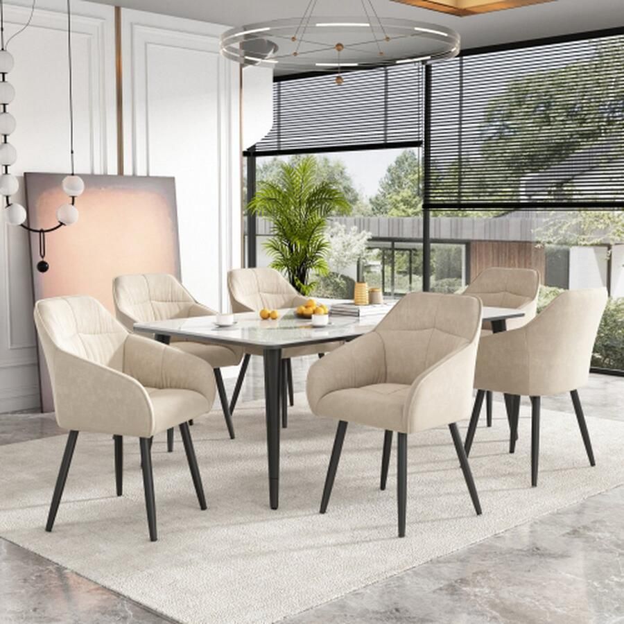 Merlooks Eetkamerstoel (6 pcs) Gestoffeerde Stoel met Metalen Poten Fluweel Bekleding met Fluwelen Cover Keukenstoel met Rugleuning met Armleuning Fluweel Woonkamer Stoelen Verstelbare Voorpoten van de Stoel Beige