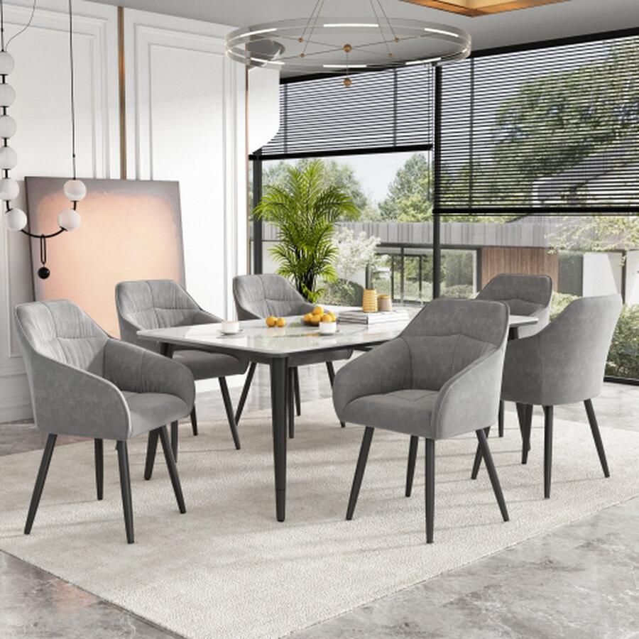 Merlooks Eetkamerstoel (6 pcs) Gestoffeerde Stoel met Metalen Poten Fluweel Bekleding met Fluwelen Cover Keukenstoel met Rugleuning met Armleuning Fluweel Woonkamer Stoelen Verstelbare Voorpoten van de Stoel Grijs