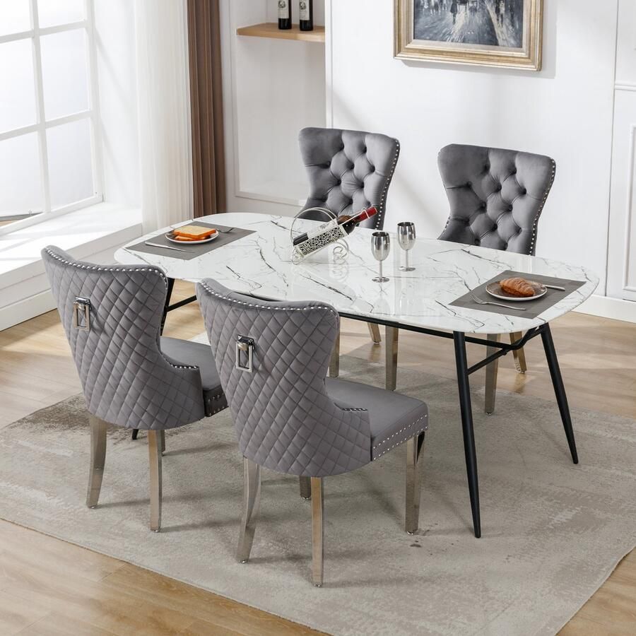 Merlooks Eetkamerstoel (keukenstoel woonkamerstoel met unieke deurklopper aan de achterkant 4 stuks) gestoffeerde stoel met spijkerkopbekleding metalen steunpoten fluwelen bekleding grijs