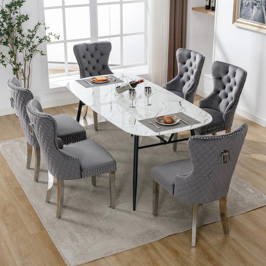 Merlooks Eetkamerstoel (keukenstoel woonkamerstoel met unieke deurklopper aan de achterkant 6 stuks) gestoffeerde stoel met spijkerkopversiering metalen steunpoten fluwelen bekleding grijs