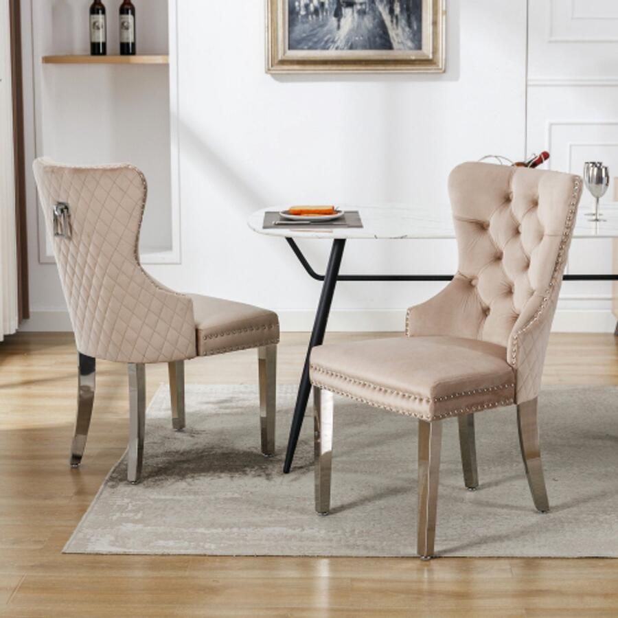 Merlooks Eetkamerstoel (keukenstoel woonkamerstoel met unieke deurklopper op de rugleuning 2 stuks) gestoffeerde stoel met spijkerkop metalen steunpoten fluwelen bekleding beige