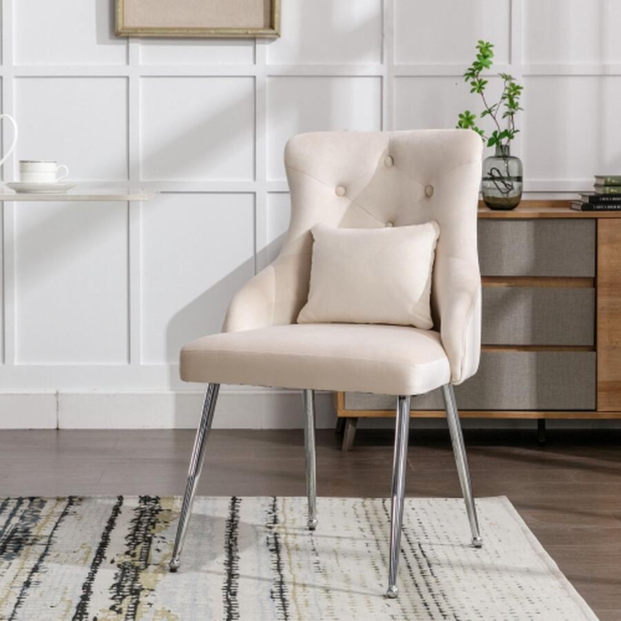 Merlooks Eetkamerstoel met Knooppatroon Gestoffeerde Fauteuil Stoelen met Metalen Poten Moderne Lounge Stoel Slaapkamer Woonkamer Stoel met Lumbale Kussen Beige