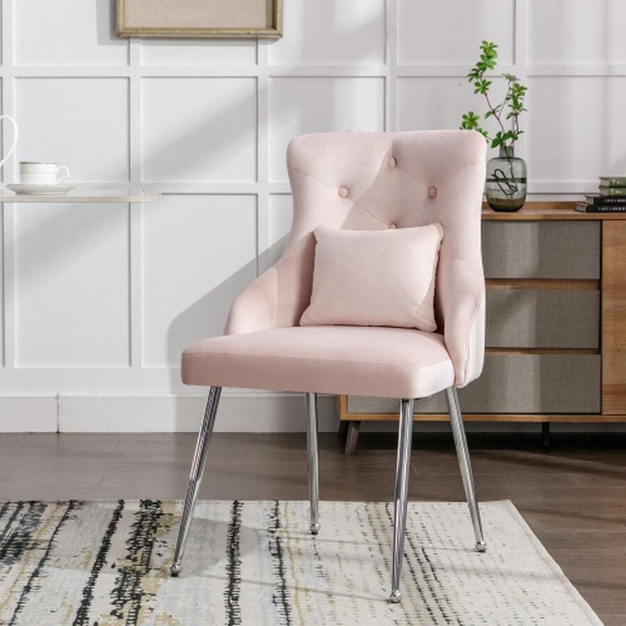 Merlooks Eetkamerstoel met Knooppatroon Gestoffeerde Fauteuil Stoelen met Metalen Poten Moderne Lounge Stoel Slaapkamer Woonkamer Stoel met Lumbale Kussen Roze