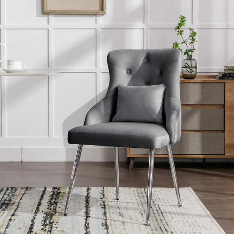 Merlooks Eetkamerstoel met Knooppatroon Gestoffeerde Fauteuil Stoelen met Metalen Poten Moderne Lounge Stoel Slaapkamer Woonkamer Stoel met Lumbale Kussen Grijs