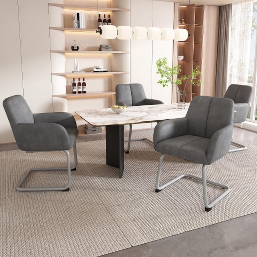 Merlooks Eetkamerstoel Set van 4 fauteuil Modern minimalistische vrijetijdsstoel Woonkamer slaapkamerstoel met gebogen stalen poten Grijs