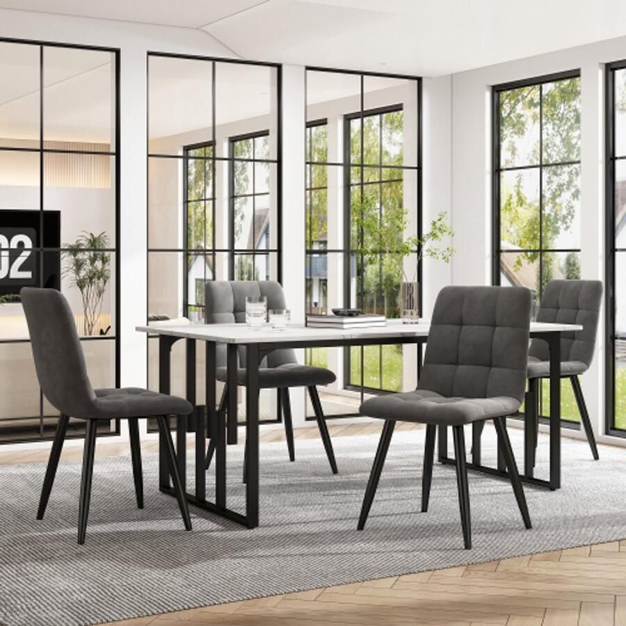 Merlooks Eetset (5 stuks) Eettafel met 4 stoelen set Moderne keukentafelset 130×80cm keukentafel met zwarte metalen poten Wit MDF bureaublad Splicing tafelbladen Donkergrijs fluwelen eetkamerstoelen