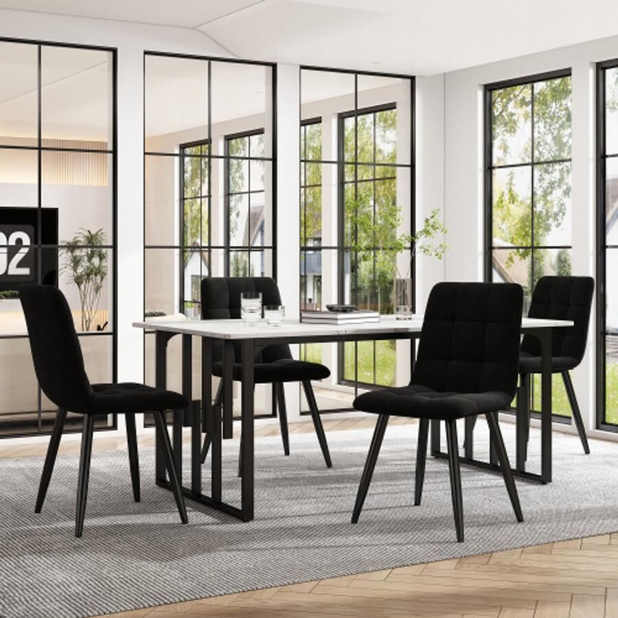 Merlooks Eetset (5 stuks) Eettafel met 4 stoelen set Moderne keukentafelset 130×80cm keukentafel met zwarte metalen poten Wit MDF bureaublad Splicing tafelbladen Zwart fluwelen eetkamerstoelen