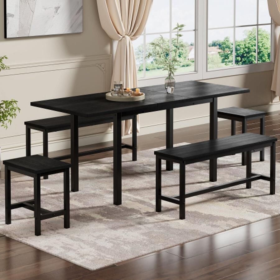 Merlooks Eettafelset (met eettafel 4 stoelen) inklapbare eettafel 160 120x 70 x 75 cm biedt plaats aan 6 personen uitschuifbare eettafel multifunctionele uitschuifbare eettafel eetkamerstoelen zwart