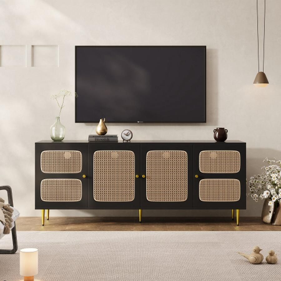 Merlooks Elegant rotan TV-meubel 180x40x72 cm Met 4 rotan deuren in hoogte verstelbare planken en kabelmanagement Voor TV's tot 80 inch TV-kasten lowboards zwart
