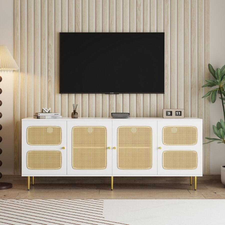 Merlooks Elegant rotan TV-meubel 180x40x72 cm Met 4 rotan deuren in hoogte verstelbare planken en kabelmanagement Voor TV's tot 80 inch TV-kasten lowboards wit