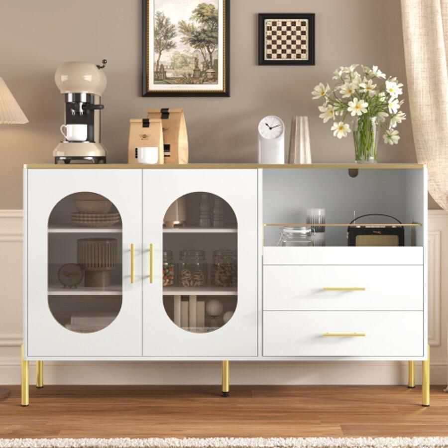 Merlooks Elegante dressoirkast met 2 lades en 2 glazen deuren – Moderne ladekast in wit met gouden accenten – Veel opbergruimte – Voor woonkamer eetkamer hal