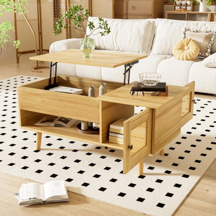 Merlooks Elegante salontafel met opklapbaar tafelblad en rotan deuren houtkleur met zwarte accenten ideaal voor de woonkamer Praktische opbergruimte en functioneel ontwerp