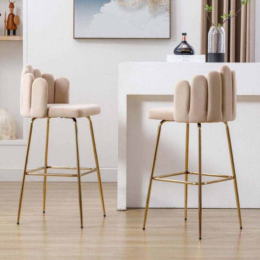 Merlooks Fluwelen Barstoelen 2-delige Set Moderne Vrijetijdsstoelen Bloemblaadjesstoelen met Vier Metalen Steunpoten Geschikt voor Restaurants en Bars Beige