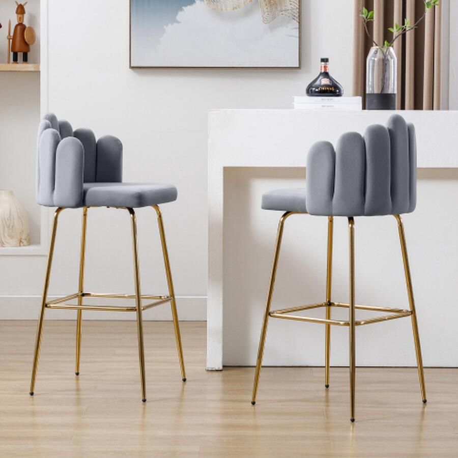 Merlooks Fluwelen Barstoelen 2-delige Set Moderne Vrijetijdsstoelen Bloemblaadjesstoelen met Vier Metalen Steunpoten Geschikt voor Restaurants en Bars Grijs