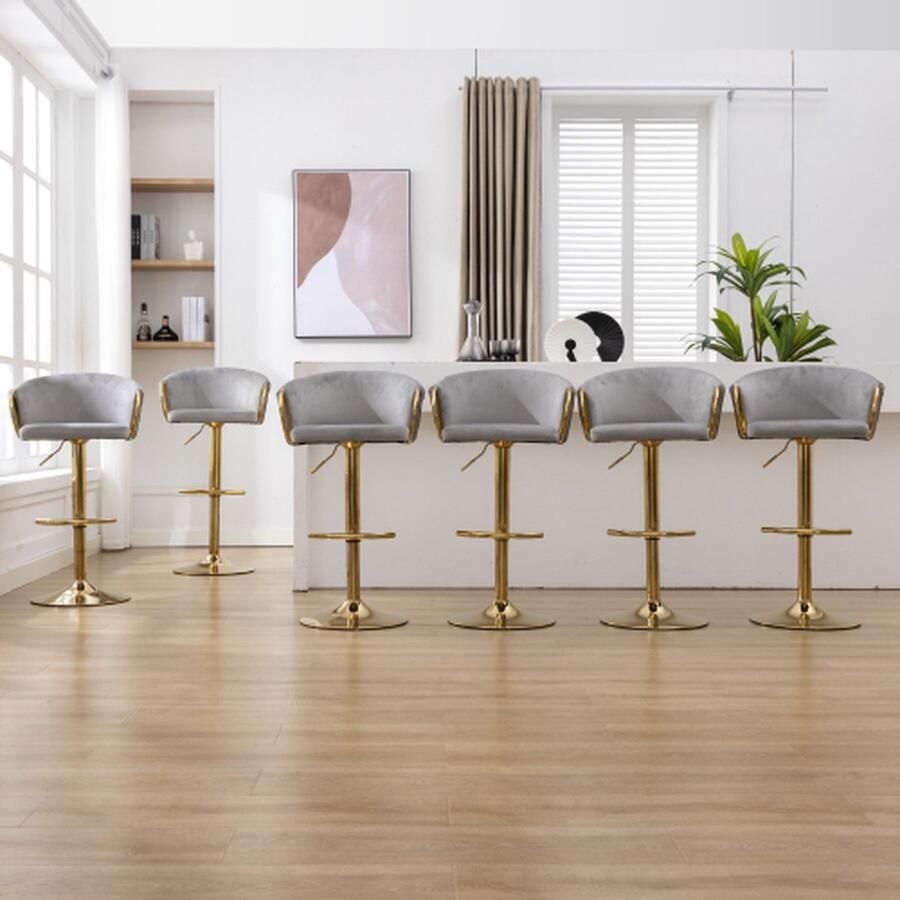 Merlooks Fluwelen eetkamerstoel 6-delige set Fauteuil Barstoel Woonkamer Slaapkamer Draaistoel Loungestoel met Rond Frame Grijs