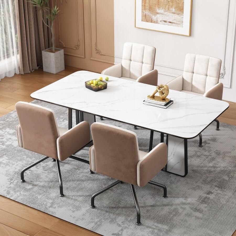 Merlooks Fluwelen eetkamerstoel Kleur bijpassende stoelen 4-delige set Fauteuil Barstoel Woonkamer Slaapkamer Draaistoel Kantoorstoel Vierkante Frame Lounge Chair Beige