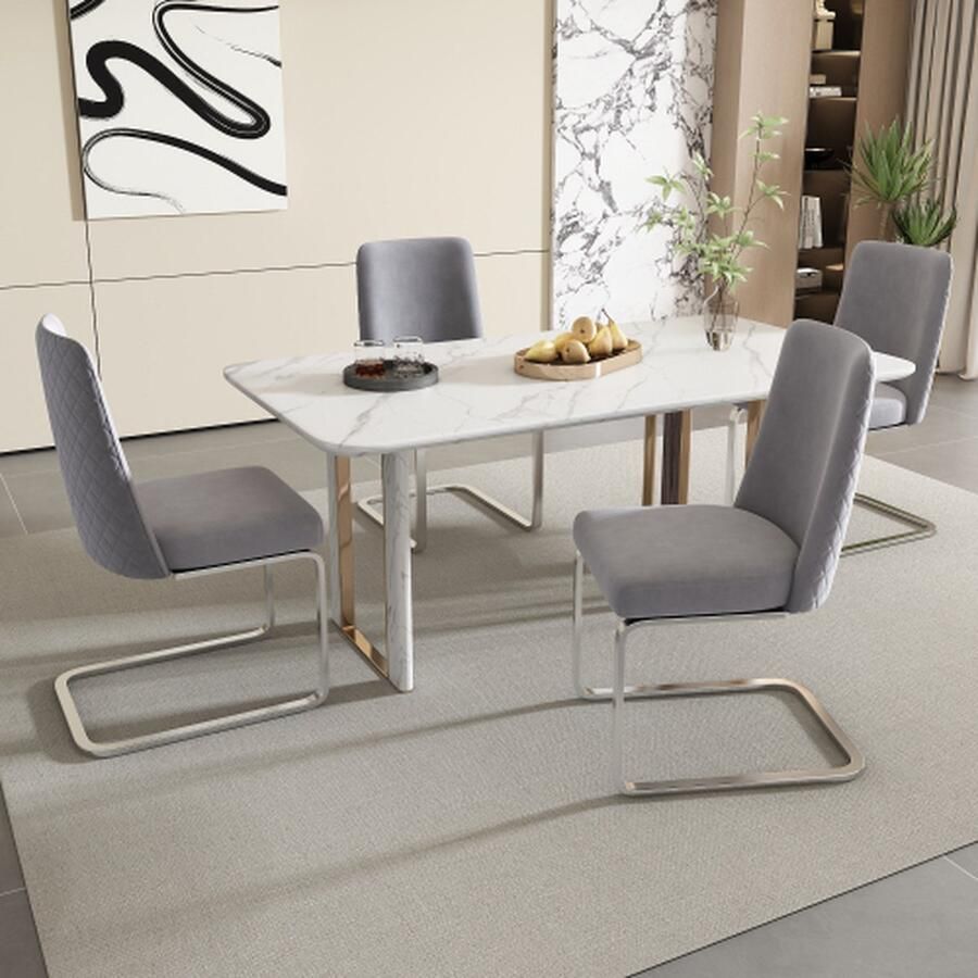 Merlooks Fluwelen eetkamerstoel Set van 4 Luxe woonkamer slaapkamer lounge stoel Ruitvormige rugleuning met goudkleurige metalen steunpoten Grijs Zilver