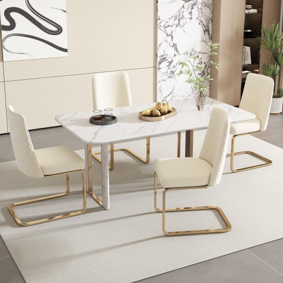 Merlooks Fluwelen eetkamerstoel Set van 4 Luxe woonkamer slaapkamer lounge stoel Ruitvormige rugleuning met goudkleurige metalen steunpoten Beige Gouden