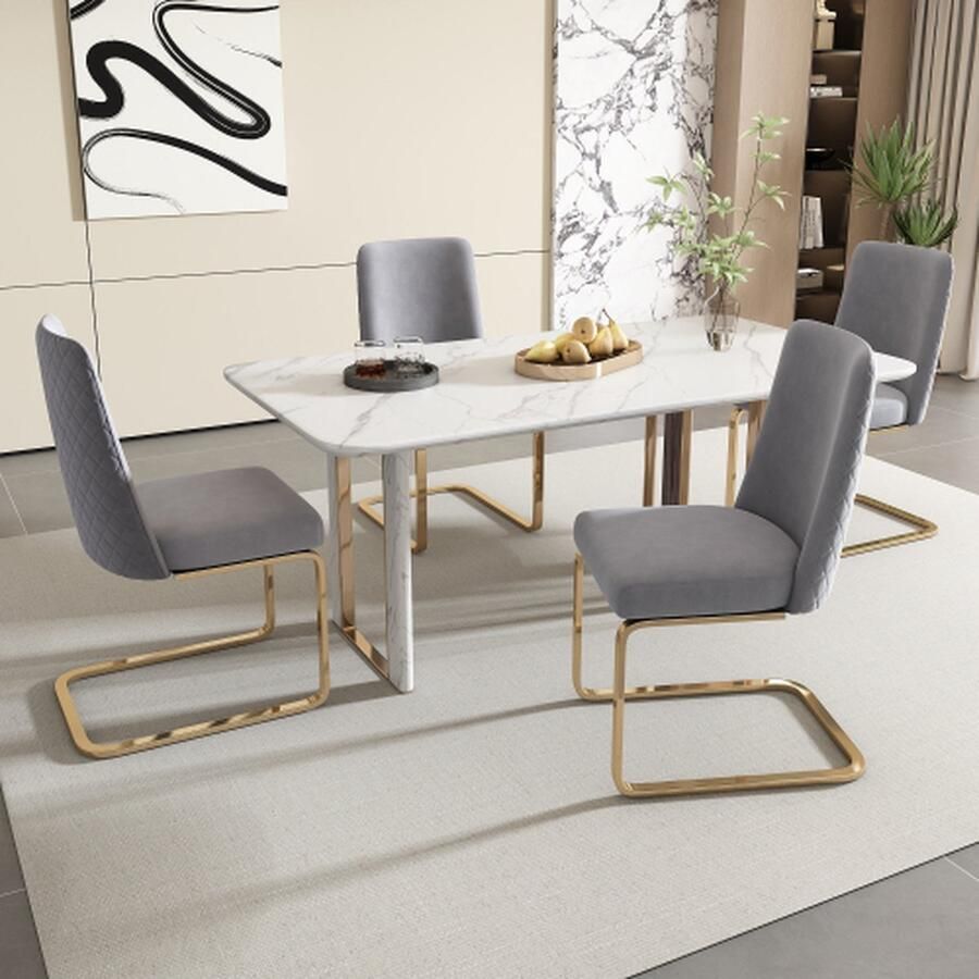 Merlooks Fluwelen eetkamerstoel Set van 4 Luxe woonkamer slaapkamer lounge stoel Ruitvormige rugleuning met goudkleurige metalen steunpoten Grijs Gouden