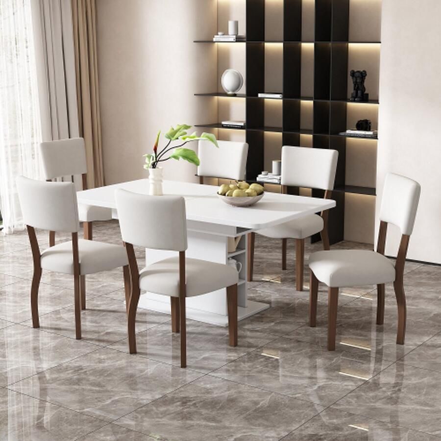Merlooks Fluwelen eetkamerstoel Set van 6 Familie eetkamerstoel Modern eenvoudig woonkamer slaapkamerstoel Vier rubberhouten poten Stoel met rugleuning Beige