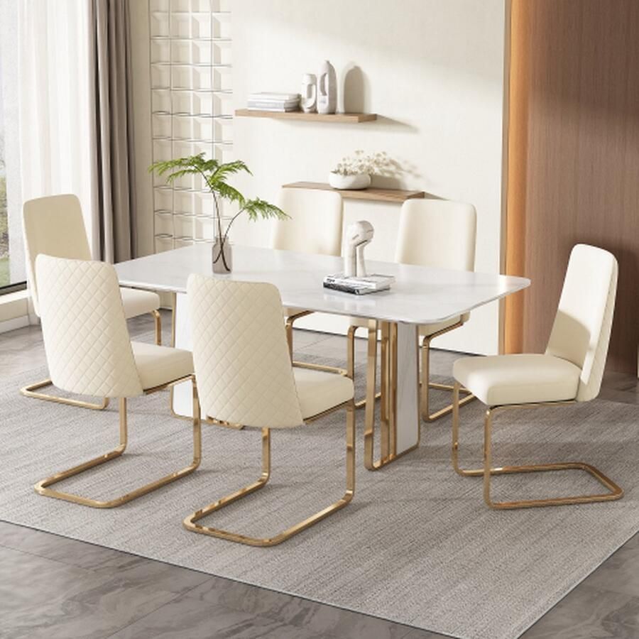 Merlooks Fluwelen eetkamerstoel Set van 6 Luxe woonkamer slaapkamer lounge stoel Ruitvormige rugleuning met goudkleurige metalen steunpoten Beige Gouden