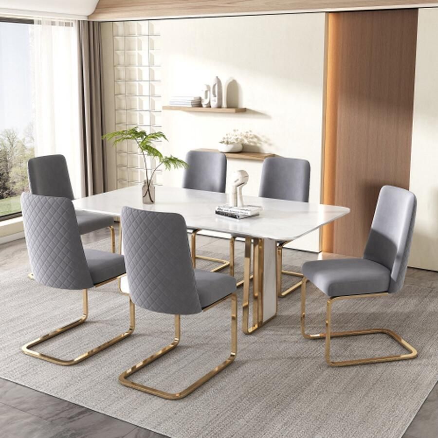 Merlooks Fluwelen eetkamerstoel Set van 6 Luxe woonkamer slaapkamer lounge stoel Ruitvormige rugleuning met goudkleurige metalen steunpoten Grijs Gouden