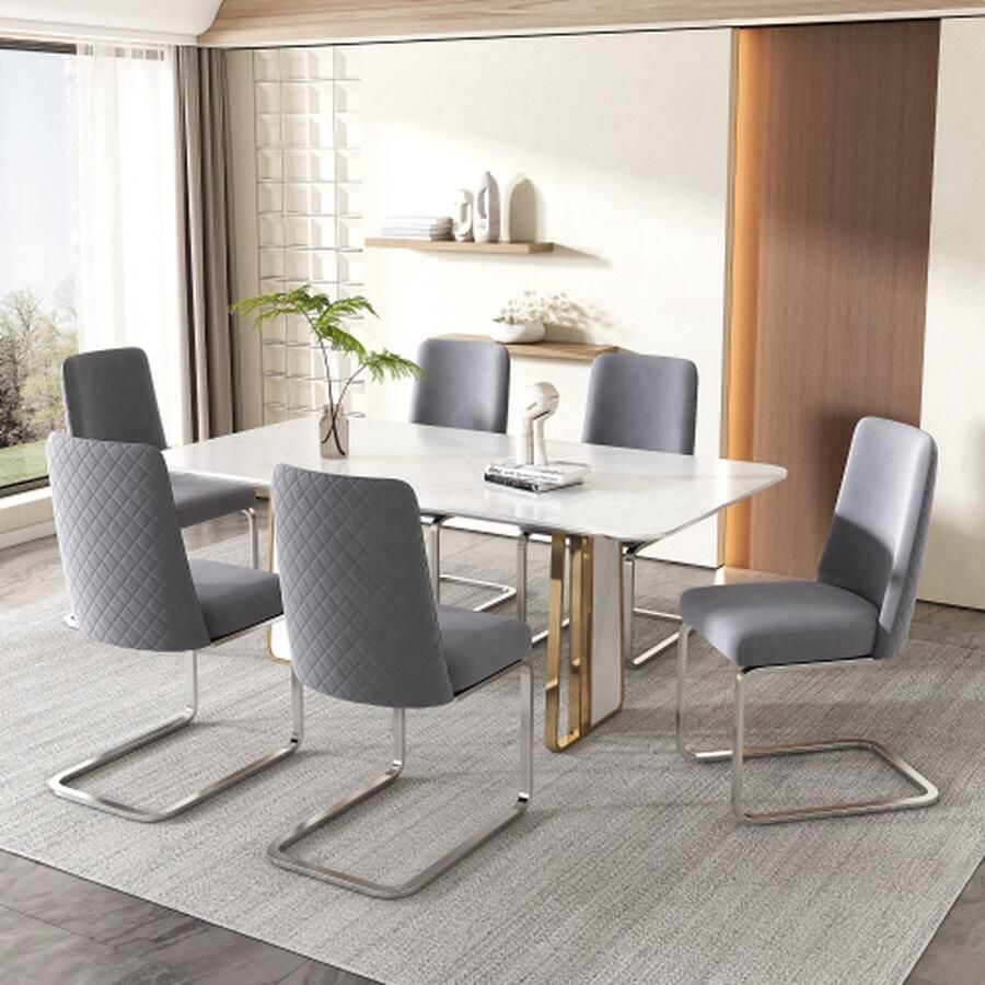 Merlooks Fluwelen eetkamerstoel Set van 6 Luxe woonkamer slaapkamer lounge stoel Ruitvormige rugleuning met goudkleurige metalen steunpoten Grijs Zilver