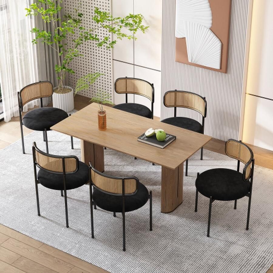 Merlooks Fluwelen eetkamerstoel Set van 6 Modern eenvoudige vrijetijdsstoel met vier metalen steunpoten Rotan vrijetijdsstoel Woonkamer en slaapkamerstoel Zwart