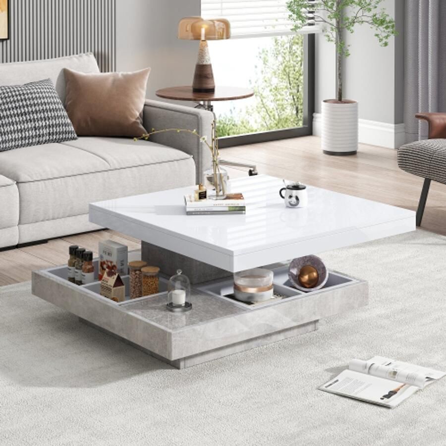 Merlooks Functionele dubbele salontafel met hoogglans tafelblad 360° draaibaar dubbel draaibaar blad met opbergvak tafelblad voor de woonkamer in wit marmerkleurig spaanplaat