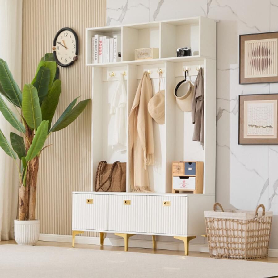 Merlooks Garderobeset met bank multifunctionele opbergbank open opbergruimte 6 gouden haken en pootjes geschikt voor hal woonkamer wit B120 D23.5 H191.5CM