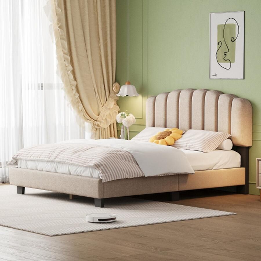 Merlooks Gestoffeerd bed 140 x 200 cm Bed met lattenbodem (zonder matras) Uniek gevormd hoofdeinde Verstelbaar hoofdeinde Linnen Minimalistische stijl Donkerbeige