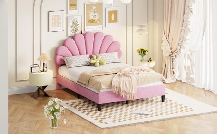 Merlooks Gestoffeerd bed 140 x 200 cm bedframe met bloemvormig hoofdeinde lattenbodem in huidvriendelijke fluwelen stof -Pink