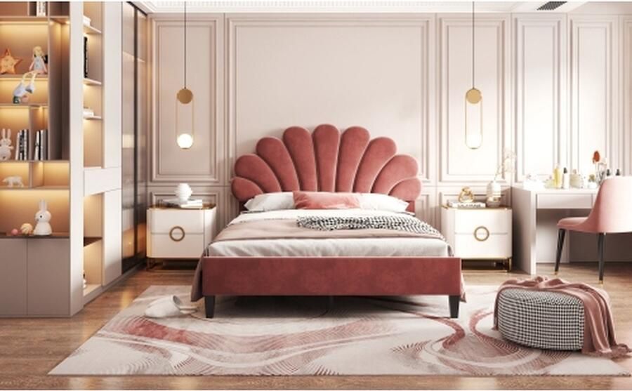 Merlooks Gestoffeerd bed 140 x 200 cm bedframe met bloemvormig hoofdeinde lattenbodem in huidvriendelijke fluwelen stof -Rose