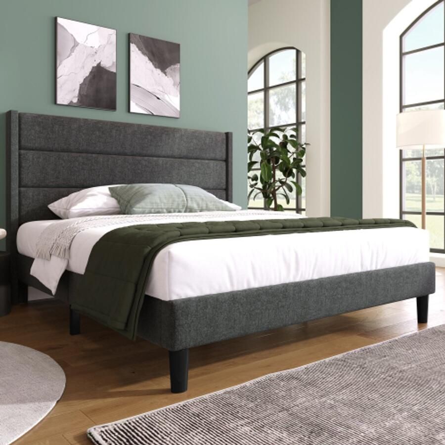 Merlooks Gestoffeerd bed 140 x 200 cm bedframe met lattenbodem en hoofdeinde gestoffeerd tweepersoonsbed textielbekleding van linnen in grijs tijdloos modern design jeugdbed