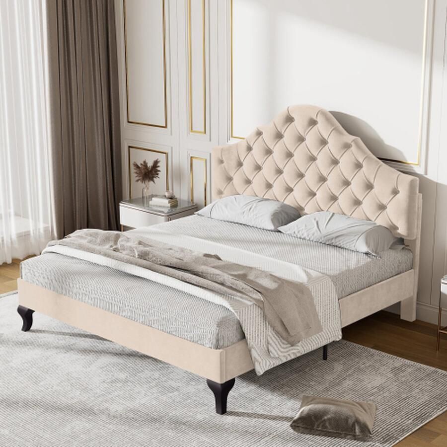 Merlooks Gestoffeerd bed 140*190 met lattenbodem en hoofdeinde- Gestoffeerd bed met in hoogte verstelbaar hoofdeinde Jeugdbed eenpersoonsbed Houten lattenbodem eenvoudige montage Fluweel Beige