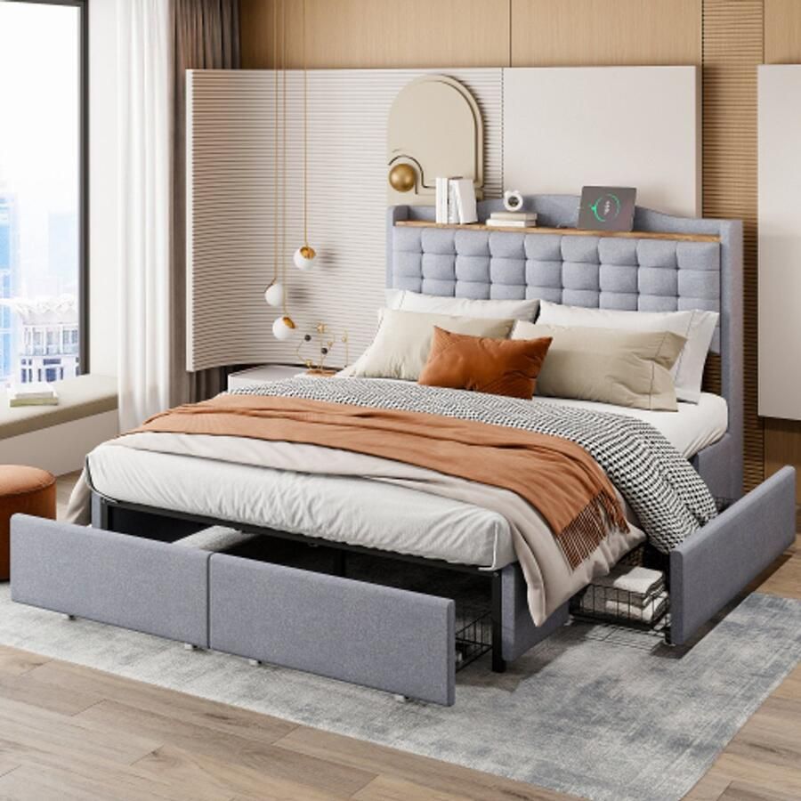 Merlooks Gestoffeerd bed 140*200 cm nachtkastje met USB-oplaadpoort en legplank tweepersoons plat bed met 4 laden linnen stof grijs