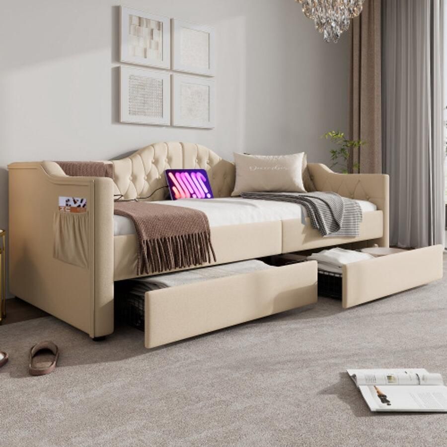 Merlooks Gestoffeerd bed Daybed Slaapbank Bedden met opbergruimte Bedframe met USB Type C-oplaadfunctie en 2 lades 90x200cm in beige linnen (zonder matras)
