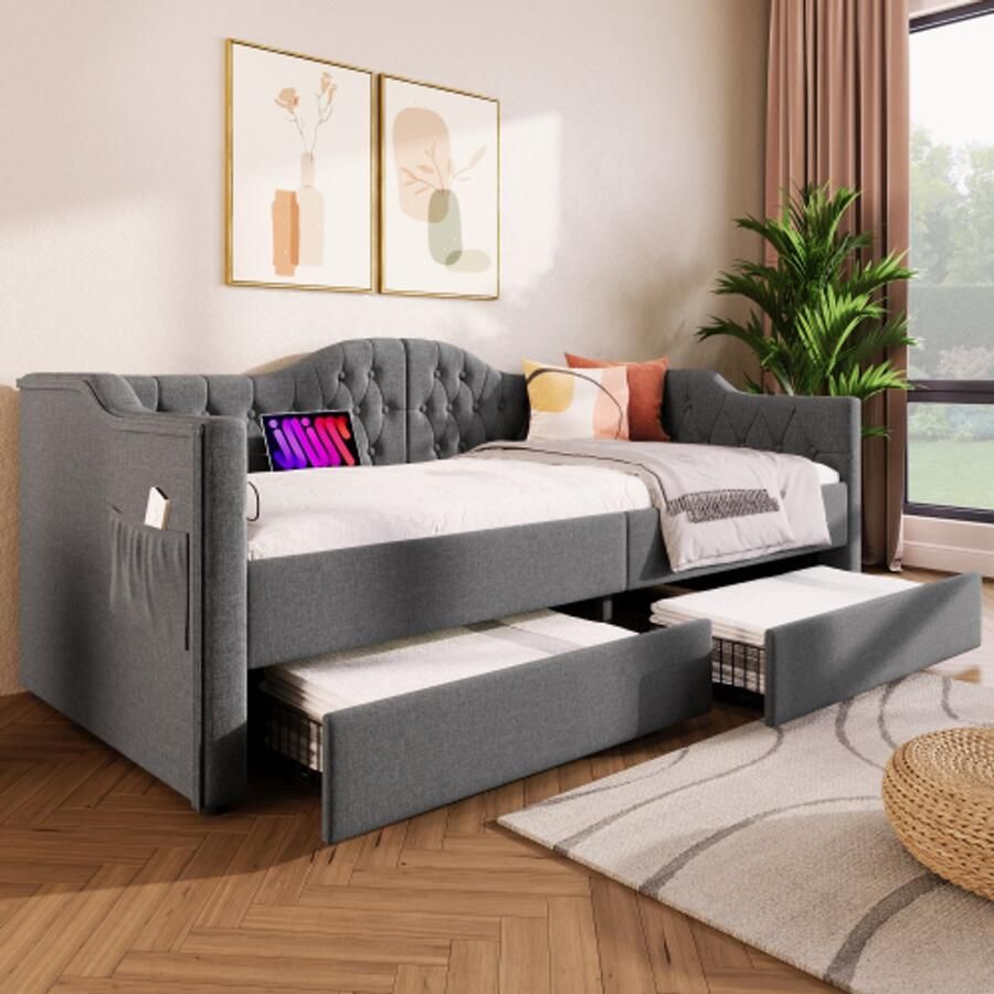 Merlooks Gestoffeerd bed Daybed Slaapbank Bedden met opbergruimte Bedframe met USB Type C-oplaadfunctie en 2 lades 90x200cm in grijs linnen (zonder matras)
