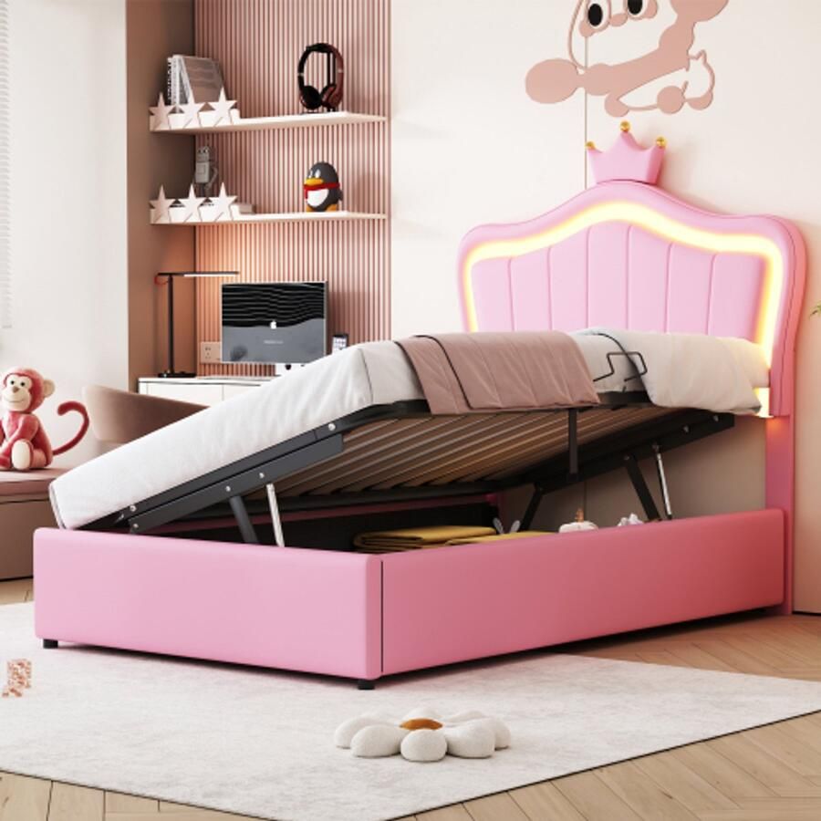 Merlooks Gestoffeerd bed kinderbed 90 x 200 cm Met kroondesign Met LED-verlichting Hydraulisch opbergbed In hoogte verstelbaar hoofdbord Eenpersoons hoogslaper met lattenbodem Kunstleer roze