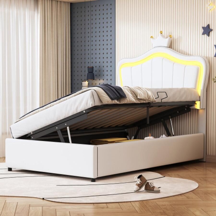 Merlooks Gestoffeerd bed kinderbed 90 x 200 cm Met kroondesign Met LED-verlichting Hydraulisch opbergbed In hoogte verstelbaar hoofdbord Eenpersoons hoogslaper met lattenbodem Kunstleer wit