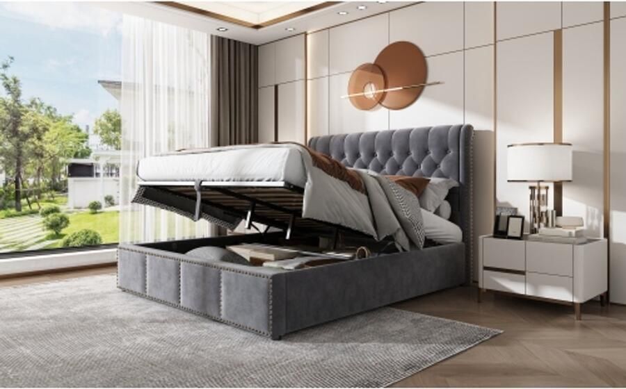 Merlooks Gestoffeerd bed met hydraulische hendel opbergruimte voor bedladen klinknageldecoratie 180 x 200 cm zonder matras fluweel grijs