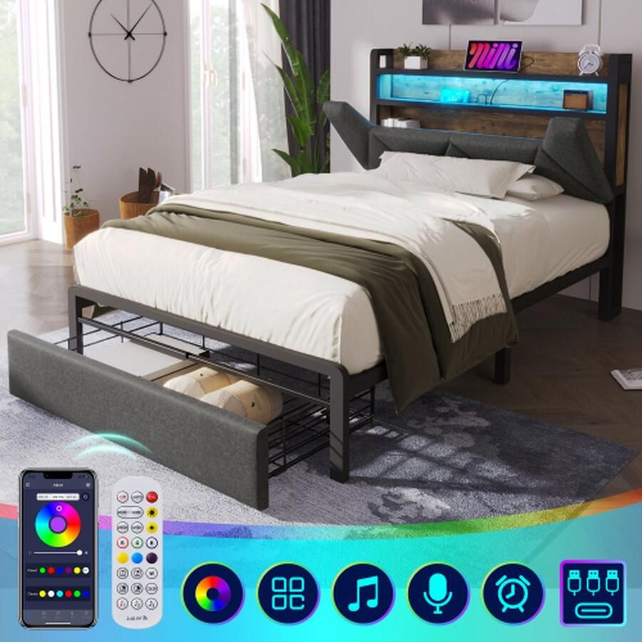 Merlooks Gestoffeerd bed met USB C-type oplaadfunctie LED verlichting opbergruimte hoofd en lade eenpersoonsbed 90 x 200cm opbergbed metalen frame bedplaats met platte noedelsvoet Donkergrijs (geen matras)
