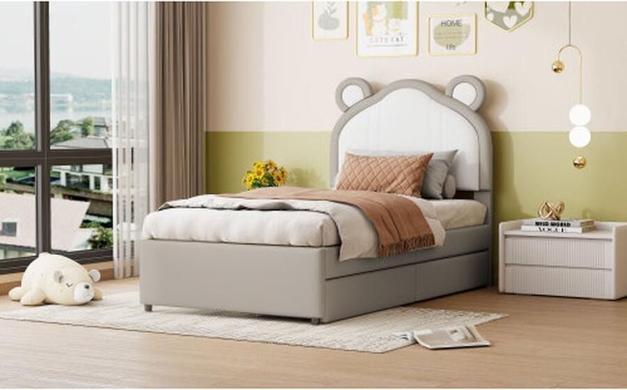 Merlooks Gestoffeerd kinderbed 90*200 cm tweekleurig patchwork aan het hoofdeinde van het bed met schattige oorvormen met opbergvakken eenpersoonsbed voor jongens en meisjes kunstleer stof grijs