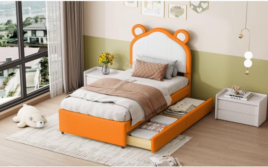 Merlooks Gestoffeerd kinderbed 90*200 cm tweekleurig patchwork aan het hoofdeinde van het bed met schattige oorvormen met opbergvakken eenpersoonsbed voor jongens en meisjes kunstleer stof orange
