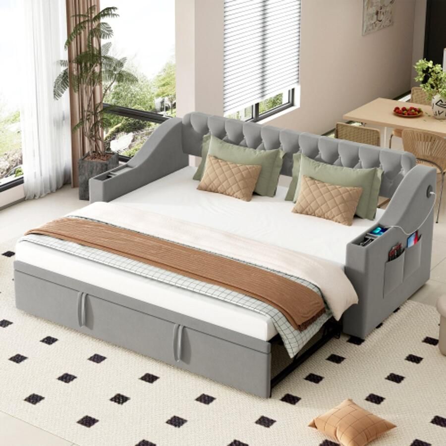 Merlooks Gestoffeerde slaapbank 90 180*190 cm Bredere en dikkere armleuningen met USB-oplaadpoort Geïntegreerde plank in de armleuningen Met opbergvakken Met lattenbodem Fluwelen stof Grijs