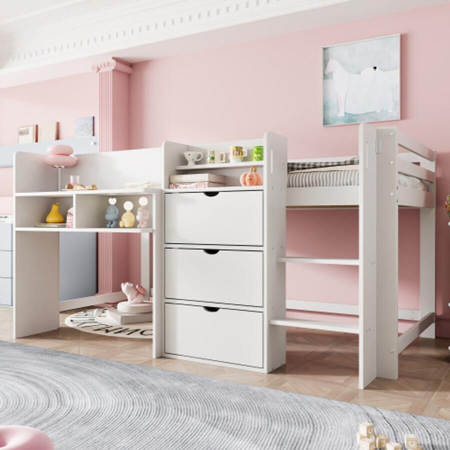 Merlooks Halfhoog bed 90x200 cm huisvormig meerdere opbergvakken entertainmentgedeelte onder het bed zonder matras wit