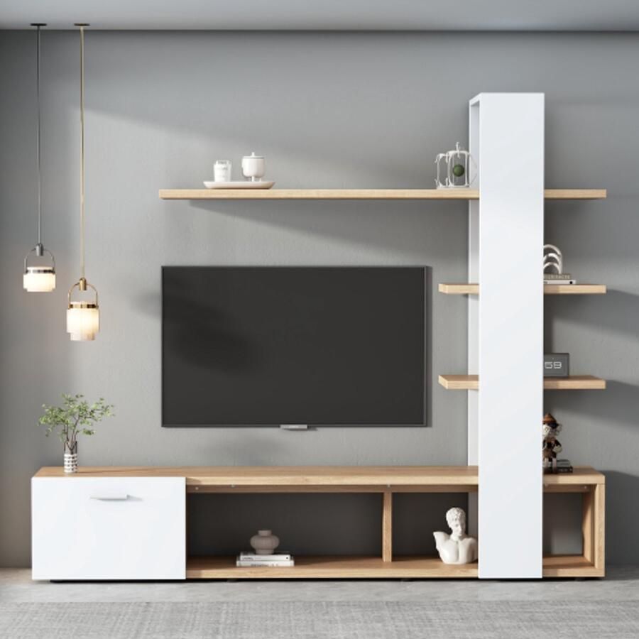 Merlooks Home woonkamer wandmeubel woonkamer meubelset 180 x 33 5 x 151 5 cm geschikt voor televisies tot 60 inch modern eiken wit TV meubel lowboard TV wandmeubel set woonkamer meubelset