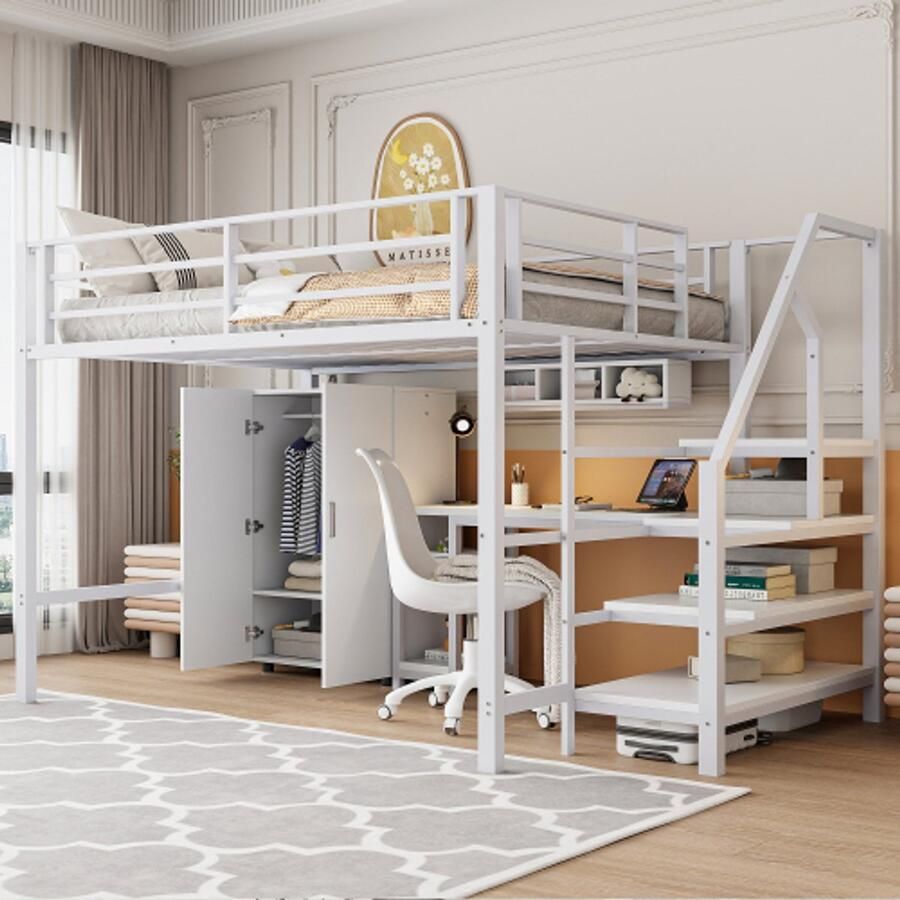 Merlooks Hoog bed 140*200 cm kledingkast planken opbergladder bureau zonder matras wit